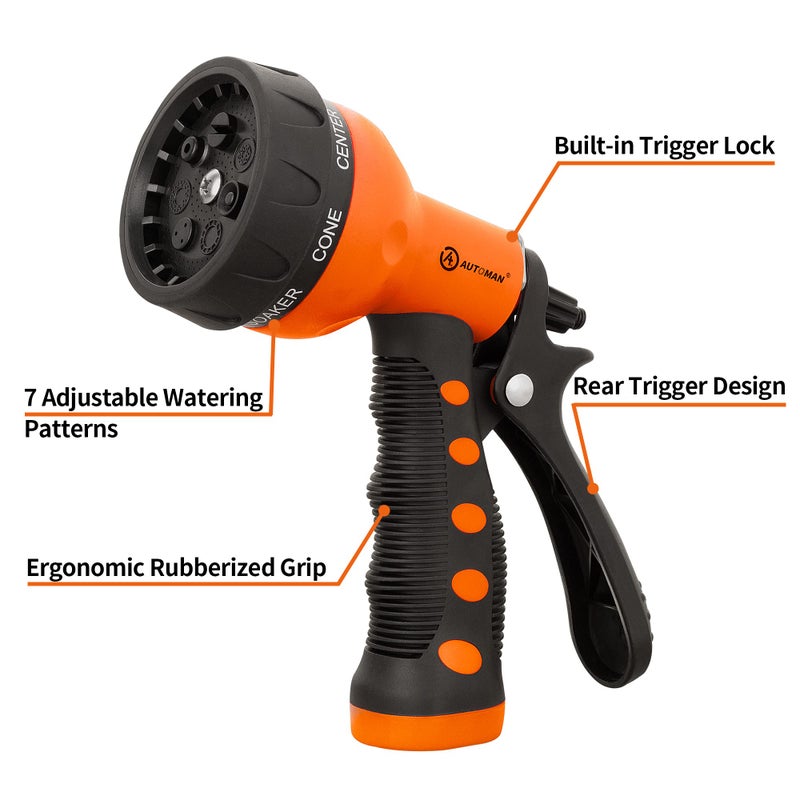 AUTOMAN-Garden-Hose-Nozzle,ABS Water Spray Nozzle with Heavy Duty 7 Adjustable Watering Patterns,Slip Resistant for Watering Plants,Lawn& Garden,Washing Cars,Cleaning,Showering Pets - Orange - Image 2