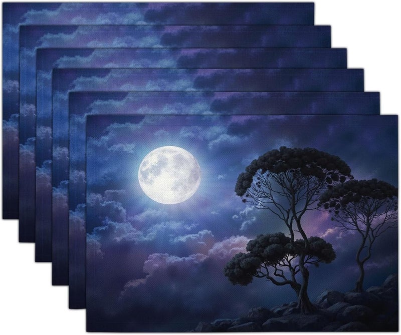 Fantasy Night Sky Placemats Set of 6, Black Cloud Pine Tree Table Mats, Non-Slip Heat Resistant Washable Placemat for Seasonal Table Decorations, 12x18 Inch (30x45cm) - Image 2