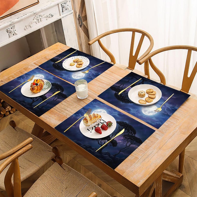 Fantasy Night Sky Placemats Set of 6, Black Cloud Pine Tree Table Mats, Non-Slip Heat Resistant Washable Placemat for Seasonal Table Decorations, 12x18 Inch (30x45cm) - Image 5