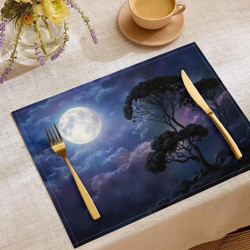 Fantasy Night Sky Placemats Set of 6, Black Cloud Pine Tree Table Mats, Non-Slip Heat Resistant Washable Placemat for Seasonal Table Decorations, 12x18 Inch (30x45cm) - Image 1