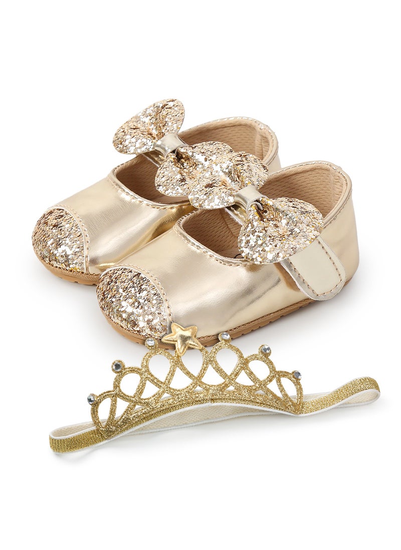Generic Butterfly Sequin Princess Baby Shoes Soft Sole M1951 Golden Hair Band 