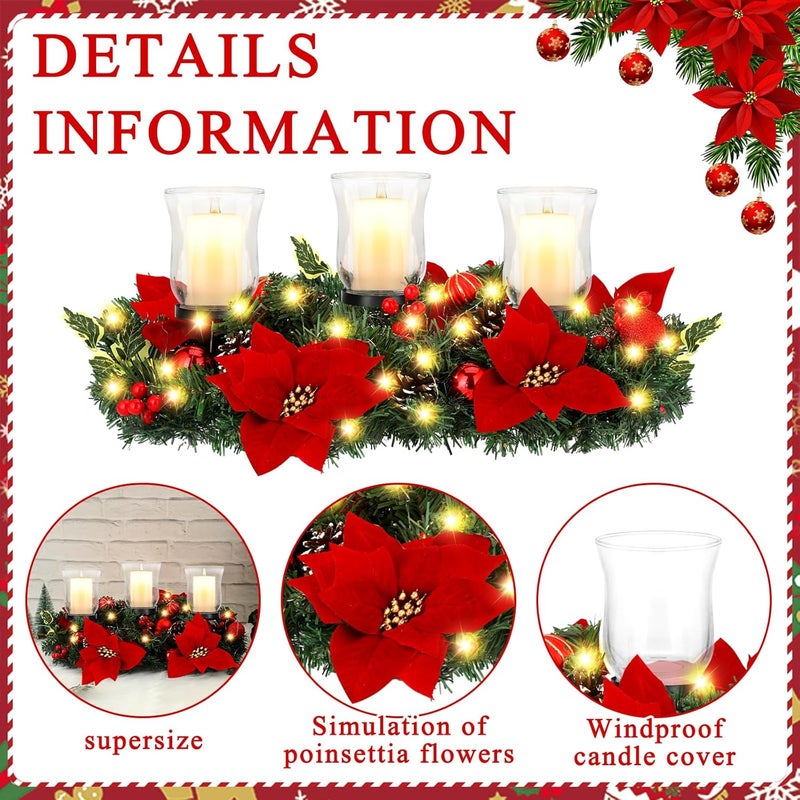 Sliner Christmas Candle Holder Centerpiece Christmas Poinsettia Glass Candle Holder Romantic Holiday Candelabrum for Xmas Party Table Mantel Decorations - Image 3