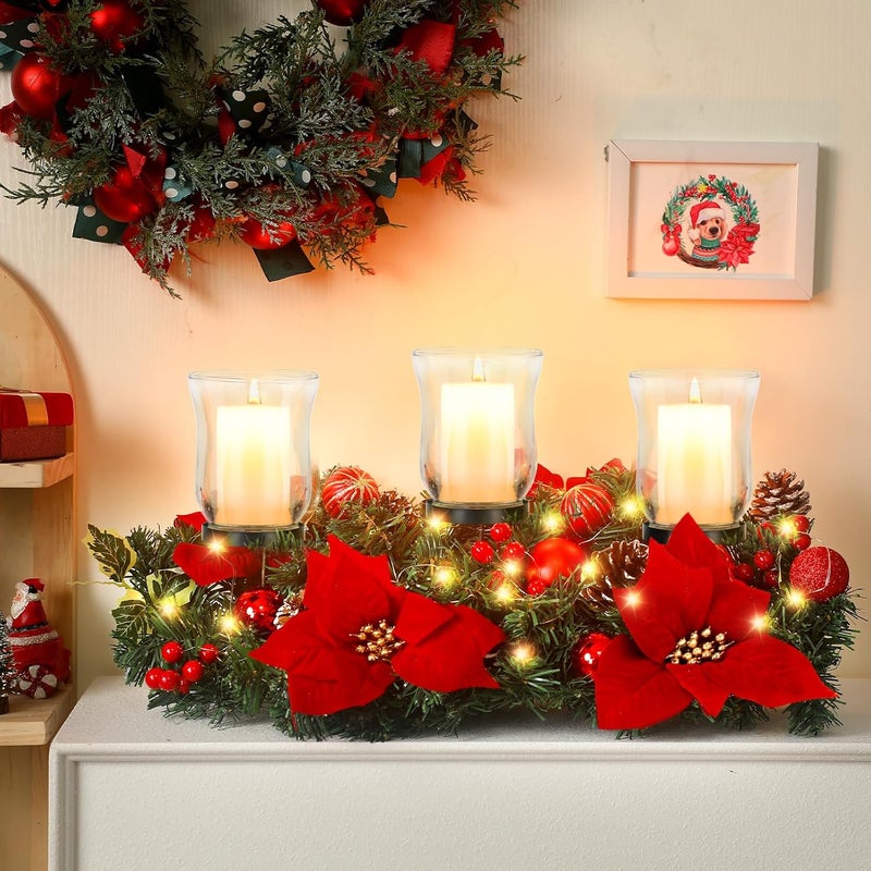 Sliner Christmas Candle Holder Centerpiece Christmas Poinsettia Glass Candle Holder Romantic Holiday Candelabrum for Xmas Party Table Mantel Decorations - Image 1