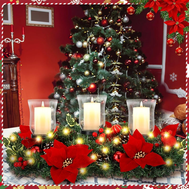 Sliner Christmas Candle Holder Centerpiece Christmas Poinsettia Glass Candle Holder Romantic Holiday Candelabrum for Xmas Party Table Mantel Decorations - Image 2