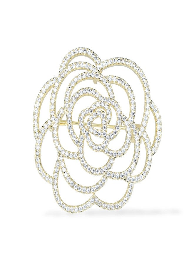 VVCome Sparkling Crystal Cut Rose Flower Pave Crystal Camellia Boutonniere Pin Brooch Corsage Blooming Heart Shaped Floral Jewelry for Women (Gold) - Image 1