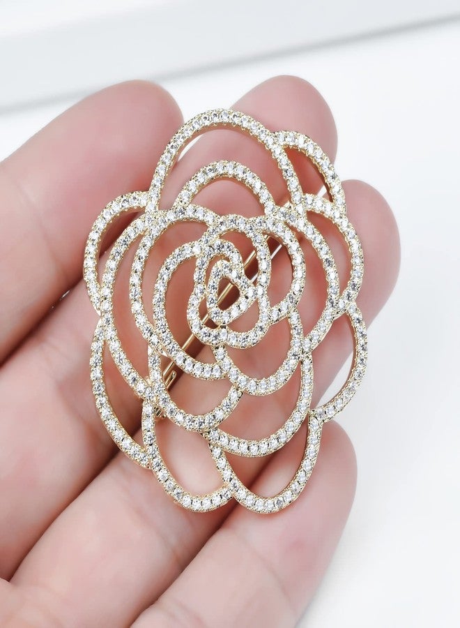 VVCome Sparkling Crystal Cut Rose Flower Pave Crystal Camellia Boutonniere Pin Brooch Corsage Blooming Heart Shaped Floral Jewelry for Women (Gold) - Image 3