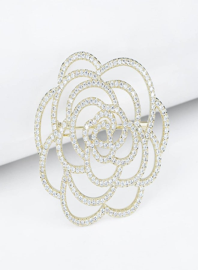 VVCome Sparkling Crystal Cut Rose Flower Pave Crystal Camellia Boutonniere Pin Brooch Corsage Blooming Heart Shaped Floral Jewelry for Women (Gold) - Image 4