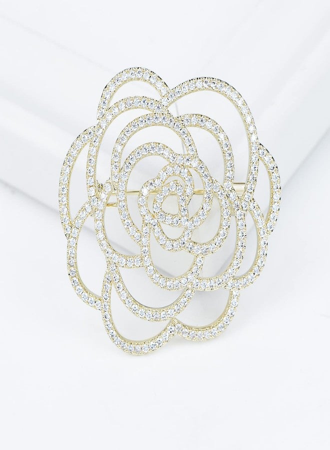 VVCome Sparkling Crystal Cut Rose Flower Pave Crystal Camellia Boutonniere Pin Brooch Corsage Blooming Heart Shaped Floral Jewelry for Women (Gold) - Image 2