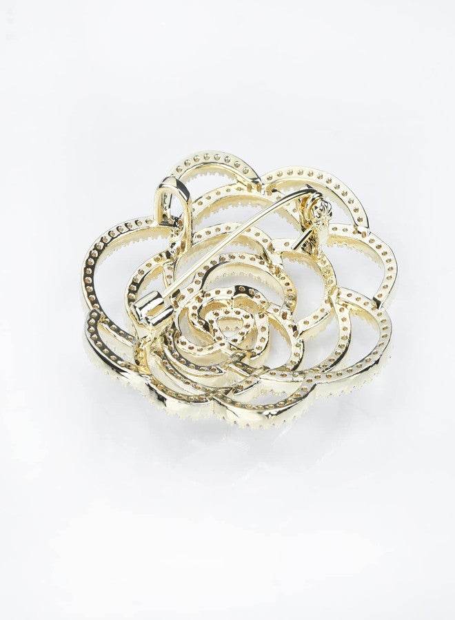 VVCome Sparkling Crystal Cut Rose Flower Pave Crystal Camellia Boutonniere Pin Brooch Corsage Blooming Heart Shaped Floral Jewelry for Women (Gold) - Image 5