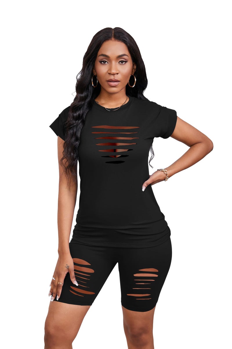 PINSV Women 2 Piece Outfits Summer Sweatsuits Track Suits Biker Short Workout Jogger Sets Black Cut Out L - Image 3