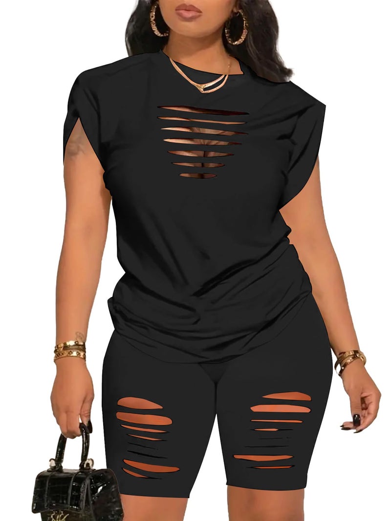 PINSV Women 2 Piece Outfits Summer Sweatsuits Track Suits Biker Short Workout Jogger Sets Black Cut Out L - Image 1