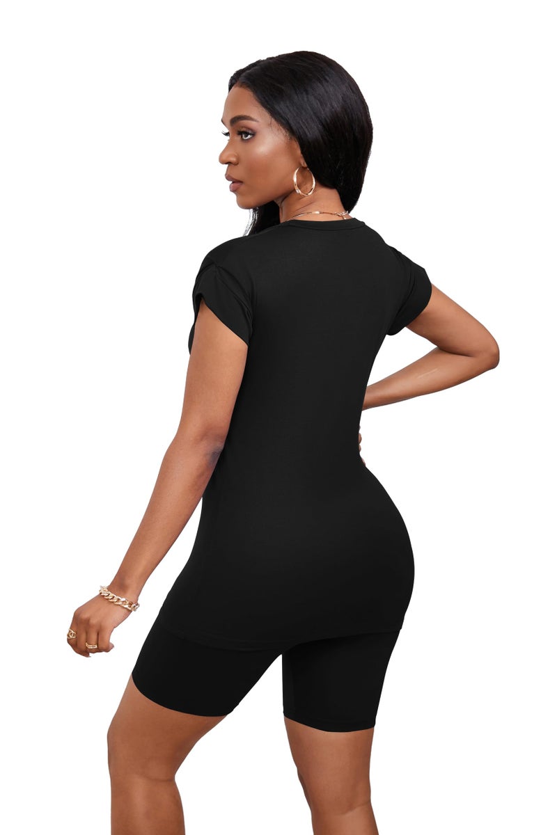 PINSV Women 2 Piece Outfits Summer Sweatsuits Track Suits Biker Short Workout Jogger Sets Black Cut Out L - Image 4