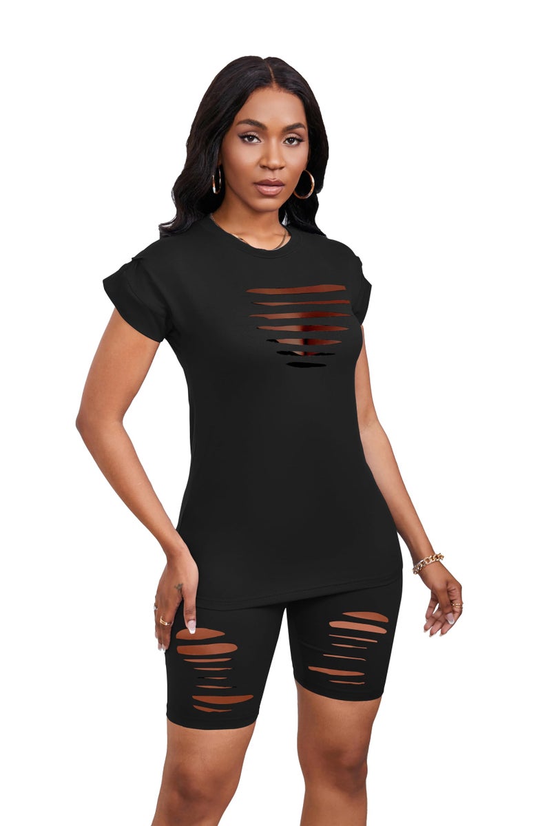 PINSV Women 2 Piece Outfits Summer Sweatsuits Track Suits Biker Short Workout Jogger Sets Black Cut Out L - Image 2