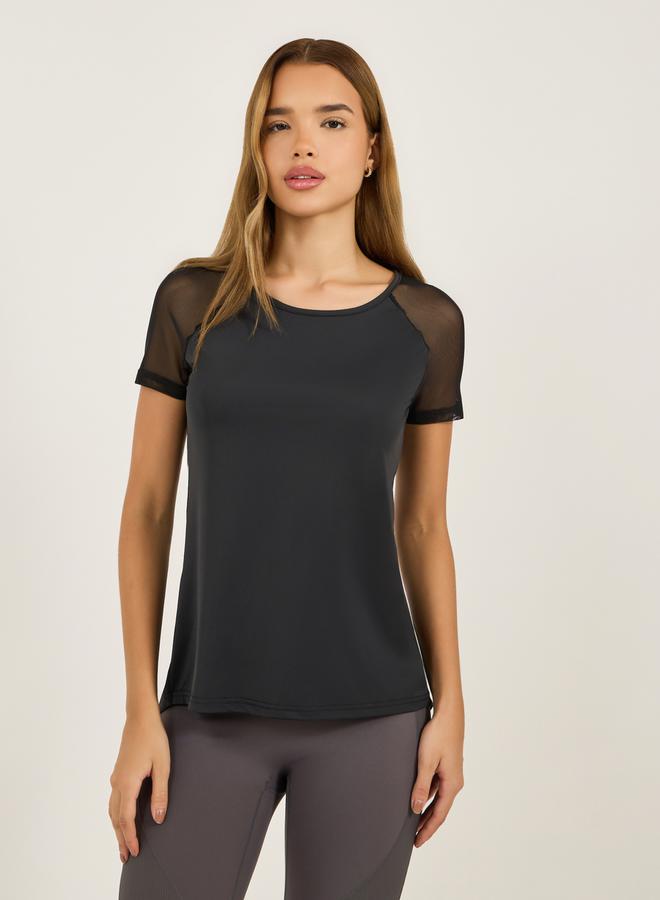Styli Mesh Insert Cut-Out Detail Split Hem Short Sleeves Top - Image 3