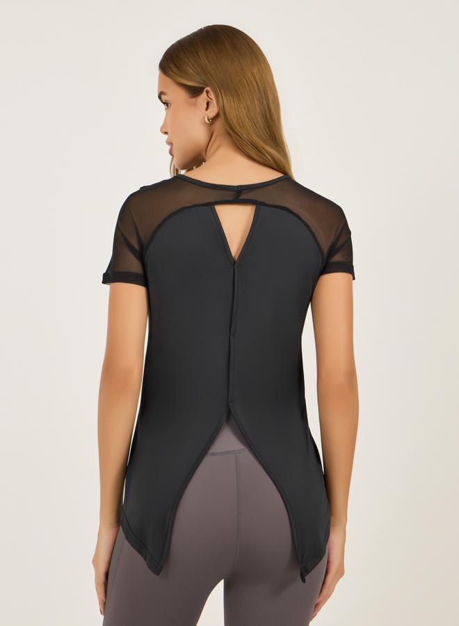 Styli Mesh Insert Cut-Out Detail Split Hem Short Sleeves Top - Image 5
