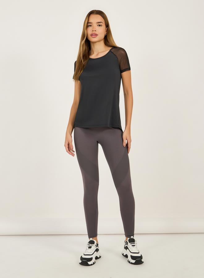 Styli Mesh Insert Cut-Out Detail Split Hem Short Sleeves Top - Image 2