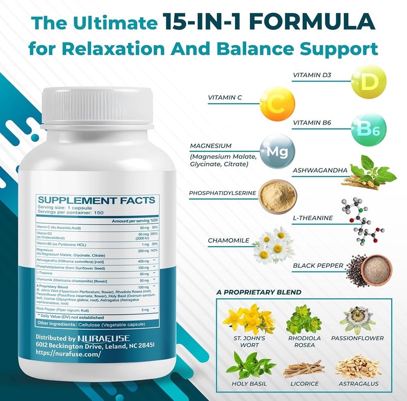 NURAFUSE CORTISOL Health Ashwagandha 15in1 Supplement with Magnesium Phosphatidylserine LTheanine Chamomile Rhodiola Rosea Licorice Holy Basil  Made in The USA - Image 4