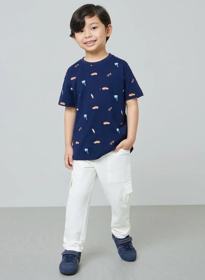 Styli Boy Off White Cotton Cargo Joggers with Drawstring Waist