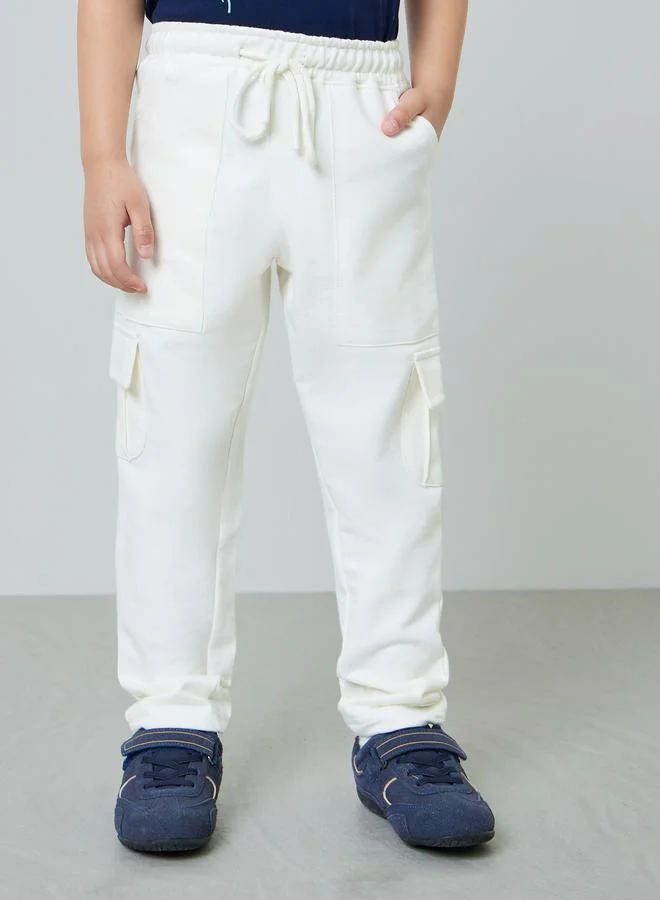 Styli Boy Off White Cotton Cargo Joggers with Drawstring Waist