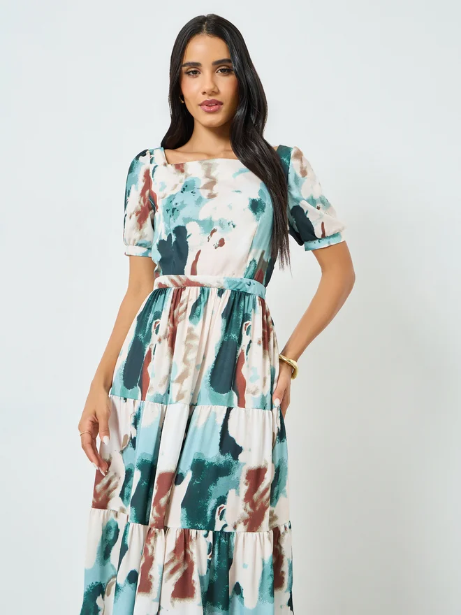 Styli Styli Blue Tie Dye Print Tiered Maxi Dress