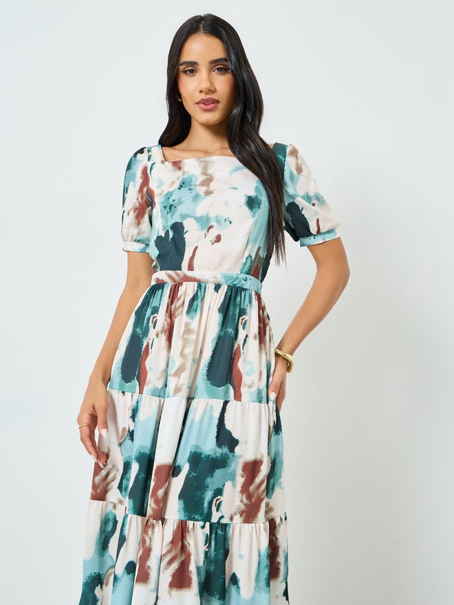 Styli Blue Tie Dye Print Tiered Maxi Dress - Image 2