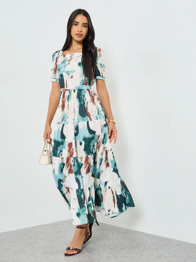 Styli Blue Tie Dye Print Tiered Maxi Dress