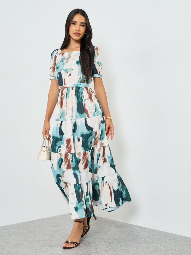 Styli Blue Tie Dye Print Tiered Maxi Dress - Image 1