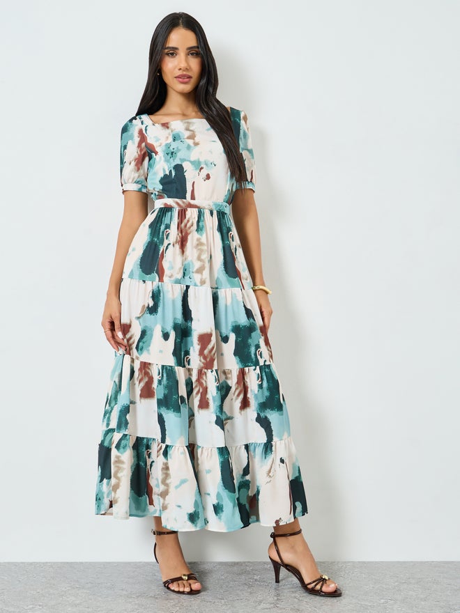 Styli Blue Tie Dye Print Tiered Maxi Dress - Image 3