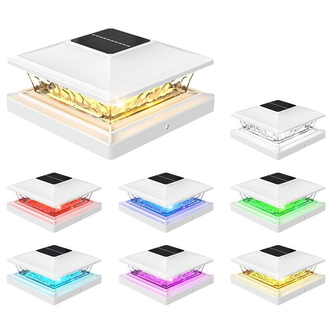 APONUO Solar Post Cap Lights with 8 RGB Solid Colors Multicolor Flow 8 Pack Fence Post Solar Lights IP65 Waterproof Fits 4x4 5x5 6x6 Wood Vinyl Posts White