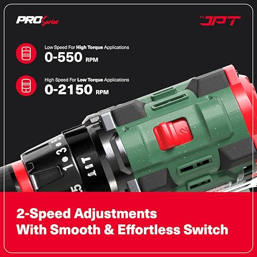 JPT New Pro Series Brushless 18-volt Cordless Impact Drill Machine with 70N.m Torque | 2150 RPM Speed | 25+3 Gears | 2 Speed Modes | 3/8" Metal Chuck | One Year Warranty, Green - Image 2