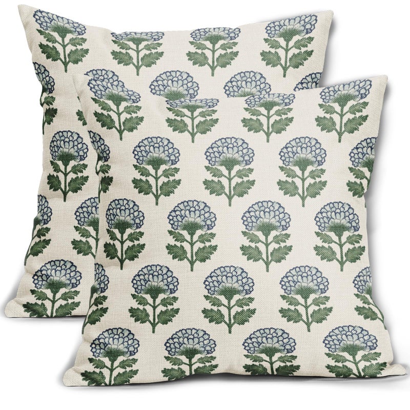 Aytipun Blue Green Floral Block Print Pillow Covers 18x18 Set of 2 Flower Pattern Cream Spring Summer Decorative Throw Pillowcases Outdoor Rustic Farmhouse Cushion Cases Decor for Home Couch Sofa Bed - Image 1