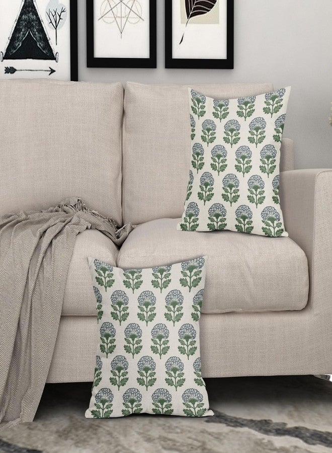 Aytipun Blue Green Floral Block Print Pillow Covers 18x18 Set of 2 Flower Pattern Cream Spring Summer Decorative Throw Pillowcases Outdoor Rustic Farmhouse Cushion Cases Decor for Home Couch Sofa Bed - Image 3