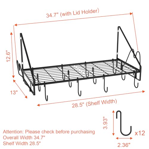 VyGrow 28 Inch Pot Rack Wall Mounted, Pots and Pans Organizer with 12 Hooks and 2 Pot Lid Holders, Heavy Duty Steel Pot and Pan Hanger for Kitchen Cookware Utensils Storage 34.7" Lx13 Wx12.6 H - Image 2