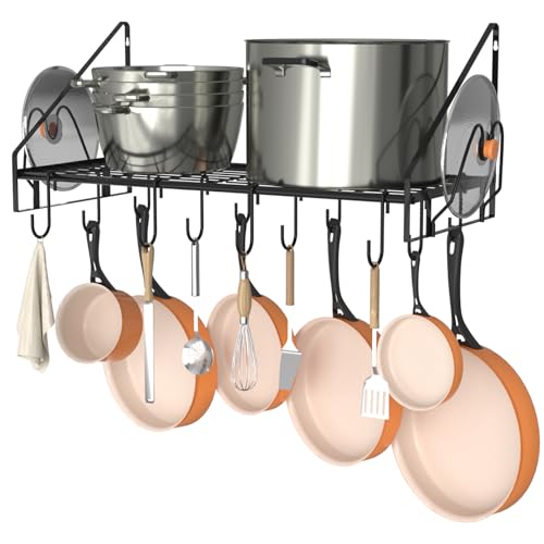 VyGrow 28 Inch Pot Rack Wall Mounted, Pots and Pans Organizer with 12 Hooks and 2 Pot Lid Holders, Heavy Duty Steel Pot and Pan Hanger for Kitchen Cookware Utensils Storage 34.7" Lx13 Wx12.6 H - Image 1