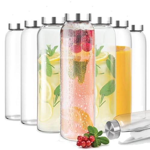 Brezzycloud Glass Fridge Water Bottle With Steel Cap | Leak Proof & Break-Proof - Detox Water Bottle Glass | Wide Mouth & Easy To Clean | Best Usage For Office/School/College | Set Of 8, 800Ml | Clear - Image 1