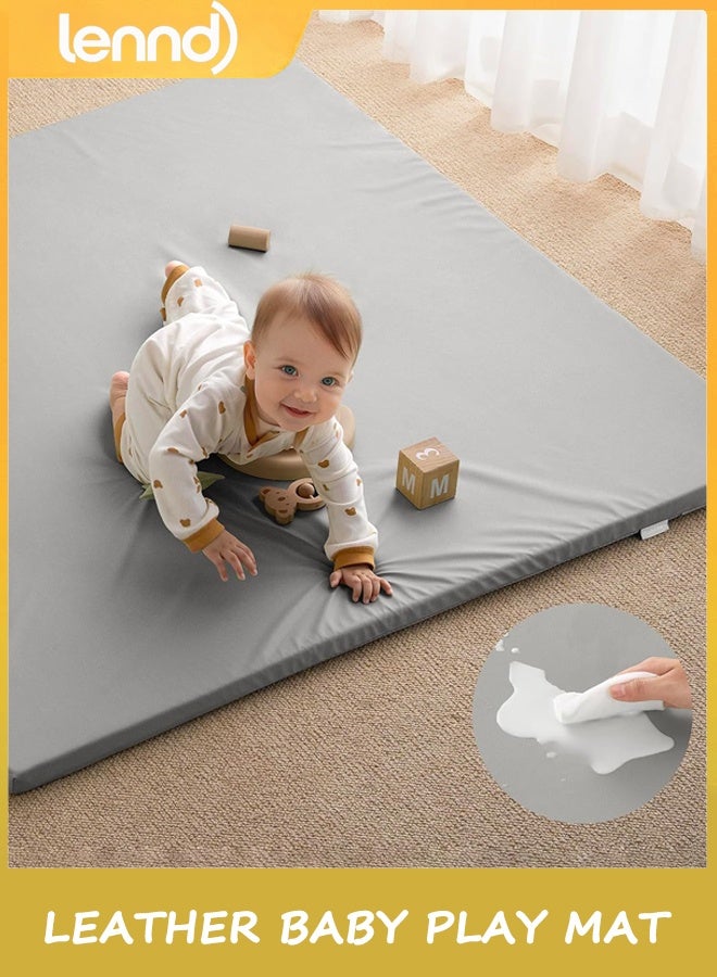 LENND Leather Baby Play Mat, 1.27M*1.27M Thicken Foam Cushioned & Waterproof Playpen Mat for Infants and Toddlers, Stylish and Just Wipe-Clean Playmat for Baby Play on Floor, Gray - Image 1