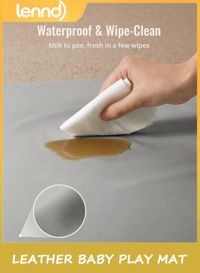 LENND Leather Baby Play Mat, 1.27M*1.27M Thicken Foam Cushioned & Waterproof Playpen Mat for Infants and Toddlers, Stylish and Just Wipe-Clean Playmat for Baby Play on Floor, Gray - Image 3