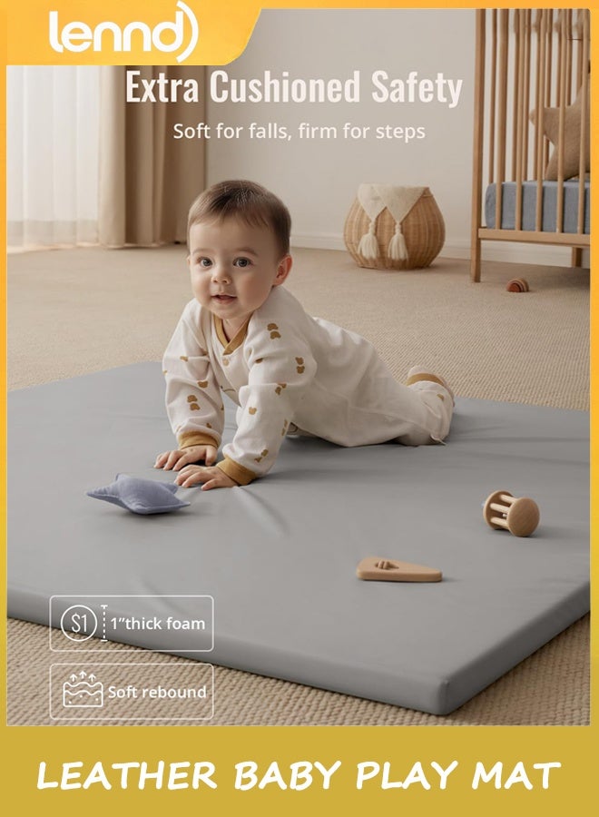 LENND Leather Baby Play Mat, 1.27M*1.27M Thicken Foam Cushioned & Waterproof Playpen Mat for Infants and Toddlers, Stylish and Just Wipe-Clean Playmat for Baby Play on Floor, Gray - Image 4