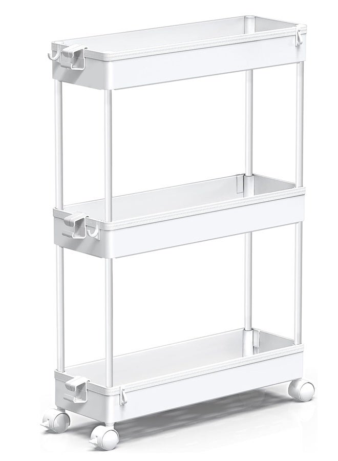 Slim Storage Cart 3 Tier, منظّم الحمام أداة التدحرجة, وحدة الرفوف المتحركة تنزلق للخارج للمكتب, المطبخ, غرفة الغسيل والأماكن الضيقة, الأبيض - Image 1