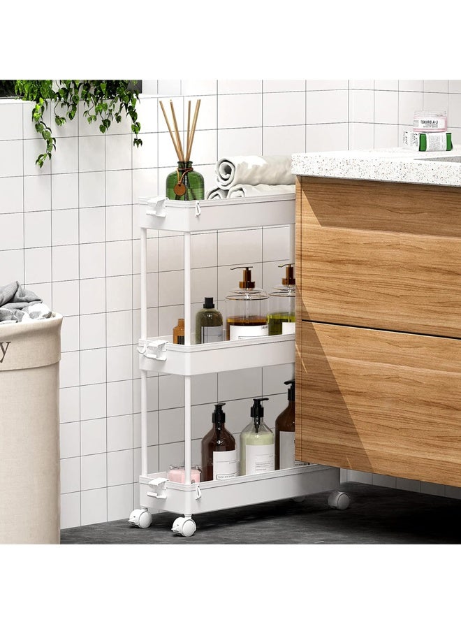 Slim Storage Cart 3 Tier, منظّم الحمام أداة التدحرجة, وحدة الرفوف المتحركة تنزلق للخارج للمكتب, المطبخ, غرفة الغسيل والأماكن الضيقة, الأبيض - Image 5