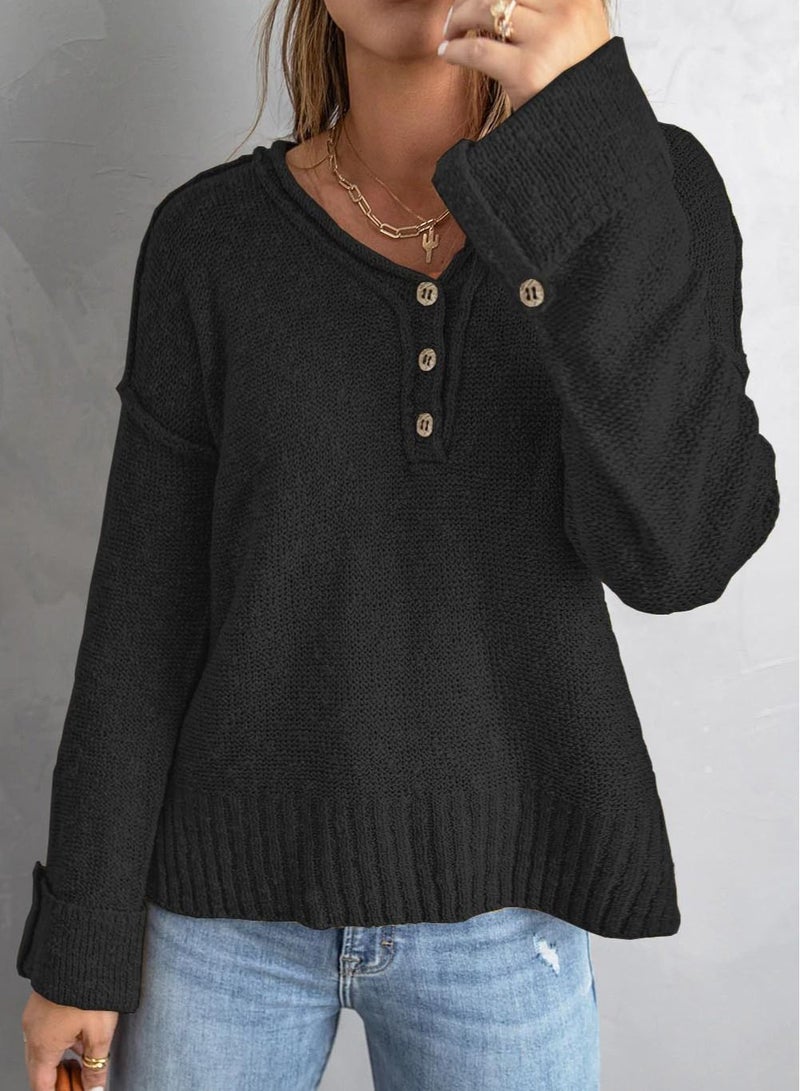 Loquat Baggy V-neck, Long-sleeved Top  Black - Image 1
