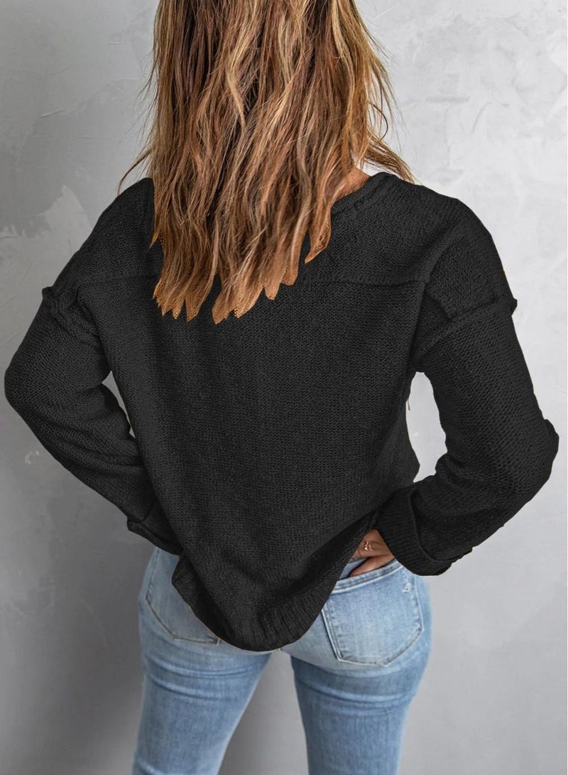 Loquat Baggy V-neck, Long-sleeved Top  Black - Image 2