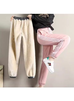 Generic Autumn/Winter Thickened Fleece-Lined Womens Sweatpants Casual Trendy Pink Korean Style Fashionable Student Pants Striped pink [lambswool]] 