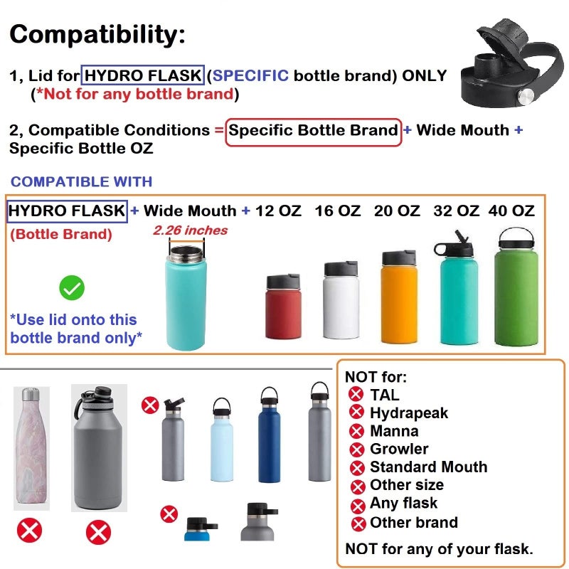 DBIW Lid for Hydroflask 32 40 64 oz Wide Mouth, Replacement Chug Cap with Flex Handle Fits Hydro Flask 12 16 20 Ounce Kids Bottle, BPA Free Dishwasher Safe,Water Bottle Accessories Top, Black-2 Pack - Image 3