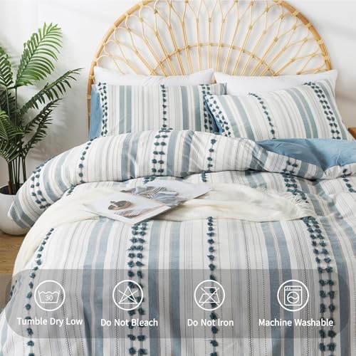 La Sheer Washed Cotton Full Size Duvet Cover Set - Tufted Dots Boho Chic Bedding for All Seasons, Striped Bohemain Bedding Linen Like Textured Breathable Durable Soft Comfy (Blue, 89''x90'') - Image 3