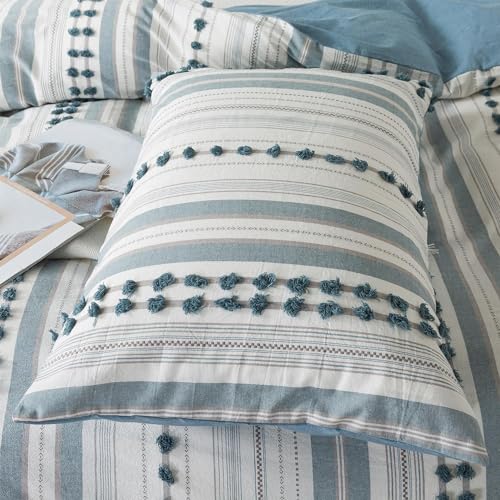 La Sheer Washed Cotton Full Size Duvet Cover Set - Tufted Dots Boho Chic Bedding for All Seasons, Striped Bohemain Bedding Linen Like Textured Breathable Durable Soft Comfy (Blue, 89''x90'') - Image 5