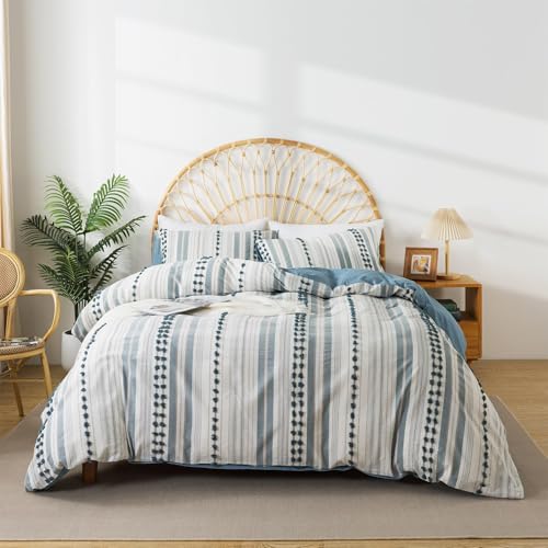 La Sheer Washed Cotton Full Size Duvet Cover Set - Tufted Dots Boho Chic Bedding for All Seasons, Striped Bohemain Bedding Linen Like Textured Breathable Durable Soft Comfy (Blue, 89''x90'') - Image 1