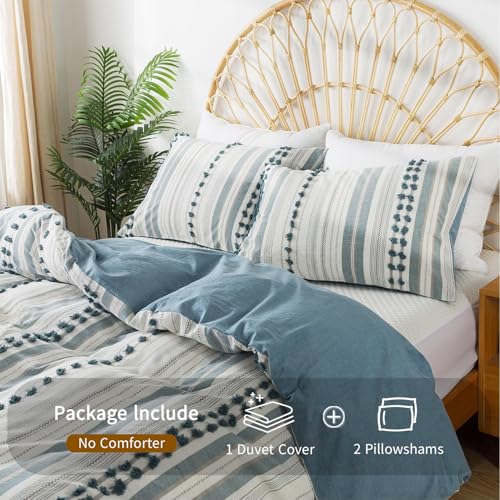 La Sheer Washed Cotton Full Size Duvet Cover Set - Tufted Dots Boho Chic Bedding for All Seasons, Striped Bohemain Bedding Linen Like Textured Breathable Durable Soft Comfy (Blue, 89''x90'') - Image 4