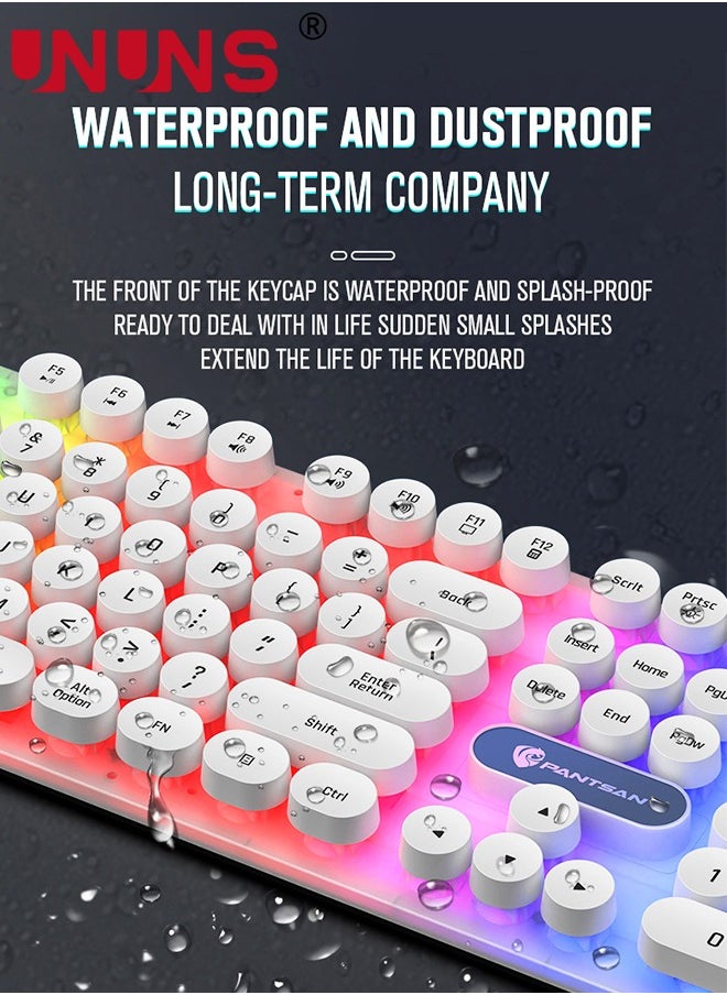 UNUNS - Wired Keyboard, Retro Typewriter Keyboard With 104 Round Keys, Compact Keyboard Full Size,USB Wired Mechanical Gaming Keyboard For Mac PC Laptop Desktop Windows,White - Image 1