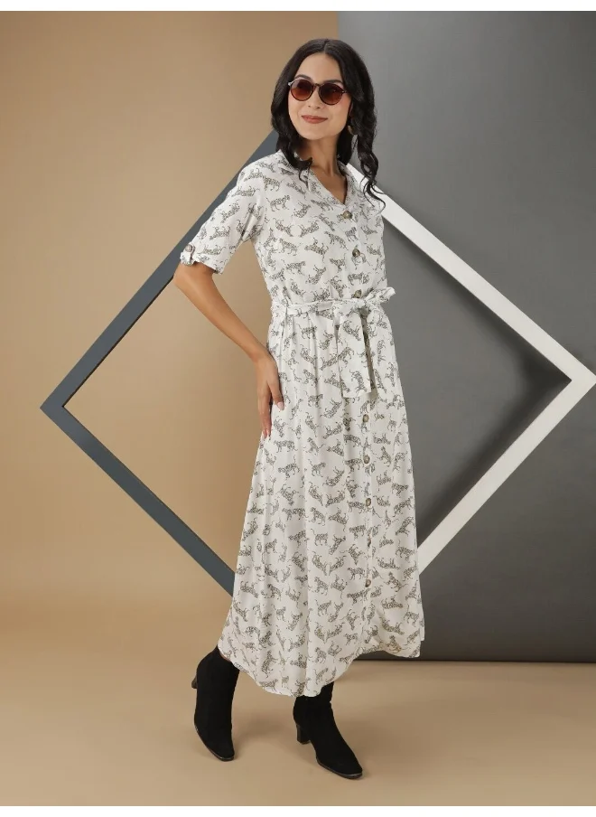 مرفوعة Women Casual A-Line Animal Printed Collared Neck Longlength Long Dress